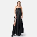 Black Strapless Pleated Leather Maxi Dress Ma02