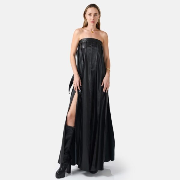 Black Strapless Pleated Leather Maxi Dress Ma02 - Image 2