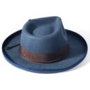 Marinzic Slate Blue Fur Felt Fedora Hat with Leather Band & Feather Accent