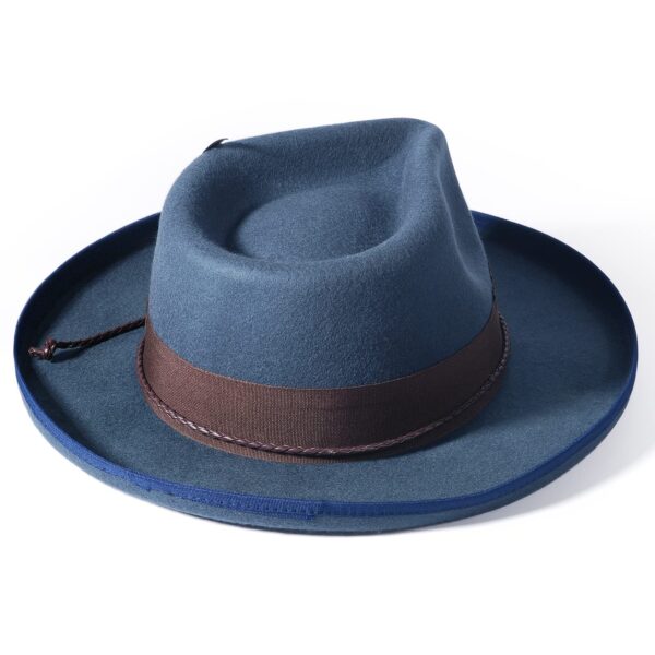 Marinzic Slate Blue Fur Felt Fedora Hat with Leather Band & Feather Accent - Image 3