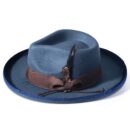Marinzic Slate Blue Fur Felt Fedora Hat with Leather Band & Feather Accent
