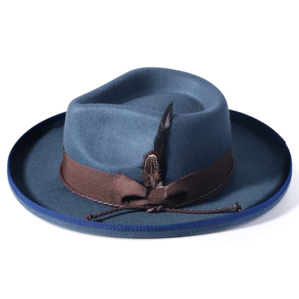 Marinzic Slate Blue Fur Felt Fedora Hat with Leather Band & Feather Accent