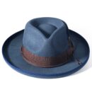 Marinzic Slate Blue Fur Felt Fedora Hat with Leather Band & Feather Accent