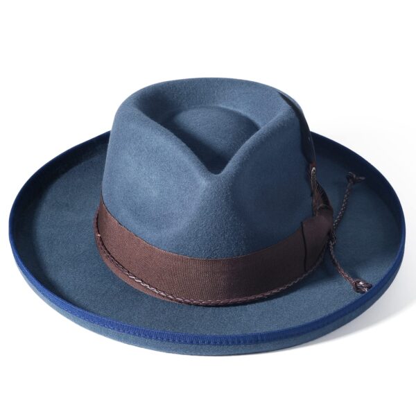 Marinzic Slate Blue Fur Felt Fedora Hat with Leather Band & Feather Accent - Image 2