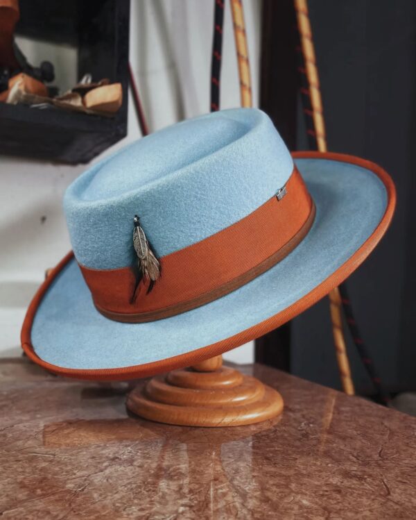 Marinzic Powder Blue Felt Pork Pie Hat with Orange Leather Band