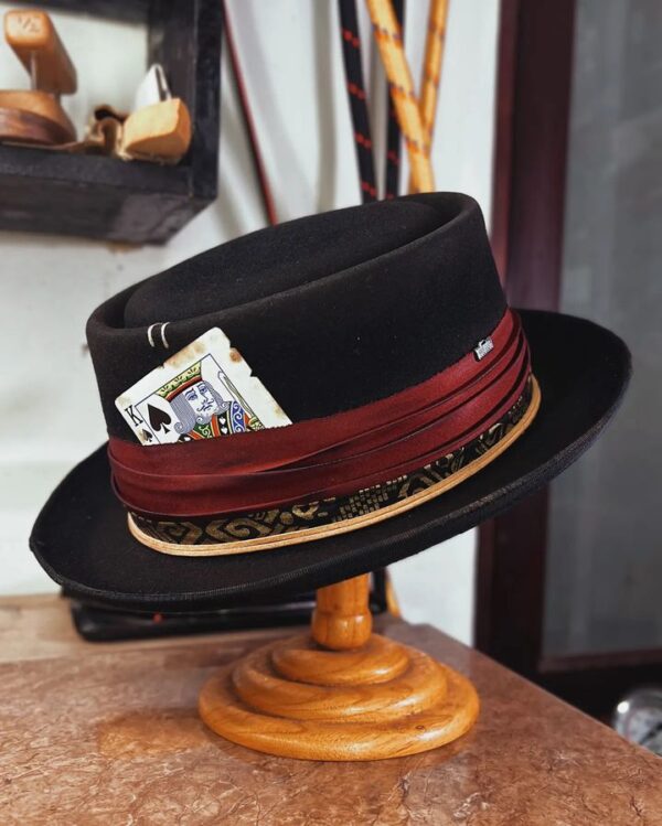 Marinzic Powder Blue Felt Pork Pie Hat with Orange Leather Band - Image 6