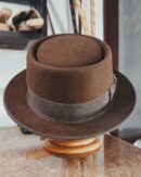 Marinzic Powder Blue Felt Pork Pie Hat with Orange Leather Band