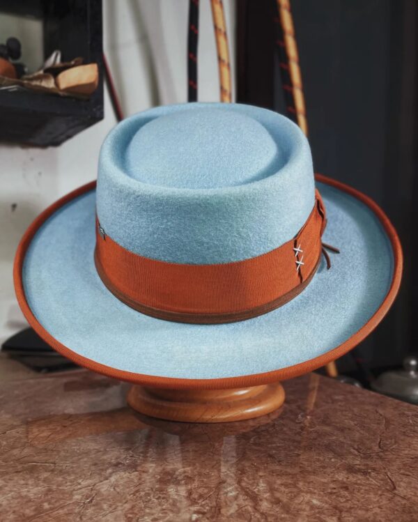 Marinzic Powder Blue Felt Pork Pie Hat with Orange Leather Band - Image 2