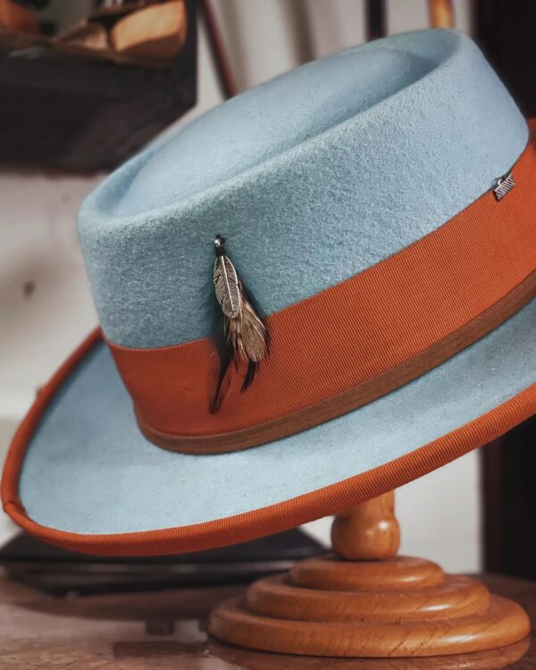 Marinzic Powder Blue Felt Pork Pie Hat with Orange Leather Band - Image 4