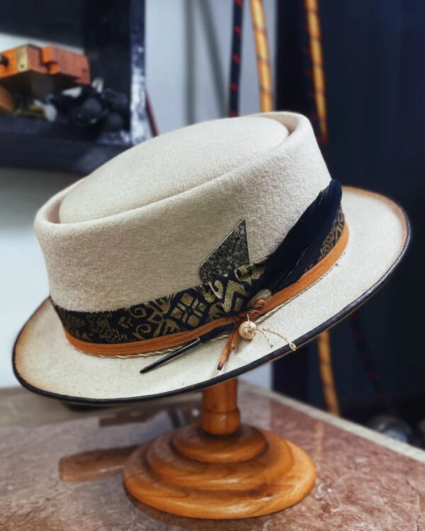Marinzic Powder Blue Felt Pork Pie Hat with Orange Leather Band - Image 9