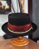 Marinzic Powder Blue Felt Pork Pie Hat with Orange Leather Band