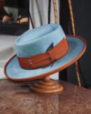 Marinzic Powder Blue Felt Pork Pie Hat with Orange Leather Band