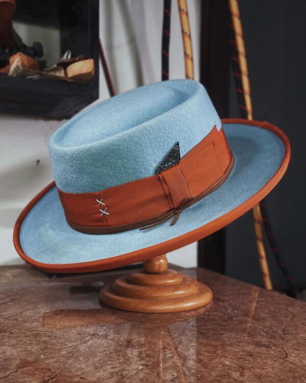 Marinzic Powder Blue Felt Pork Pie Hat with Orange Leather Band - Image 3