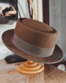 Marinzic Powder Blue Felt Pork Pie Hat with Orange Leather Band