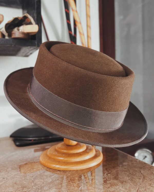 Marinzic Powder Blue Felt Pork Pie Hat with Orange Leather Band - Image 14