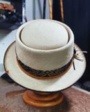 Marinzic Powder Blue Felt Pork Pie Hat with Orange Leather Band