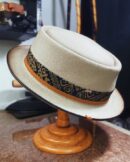 Marinzic Powder Blue Felt Pork Pie Hat with Orange Leather Band