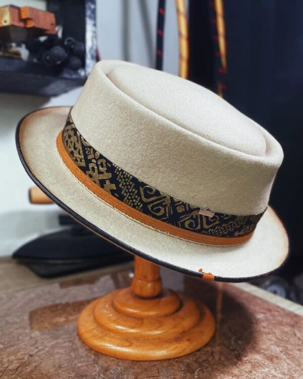 Marinzic Powder Blue Felt Pork Pie Hat with Orange Leather Band - Image 11