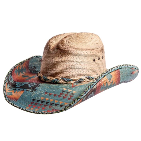 Marinzic Natural Straw Cowboy Hat with Aztec Print Brim