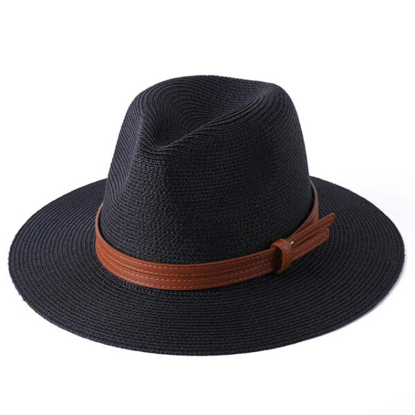 Marinzic Classic Black Wide Brim Panama Fedora Hat with Leather Band